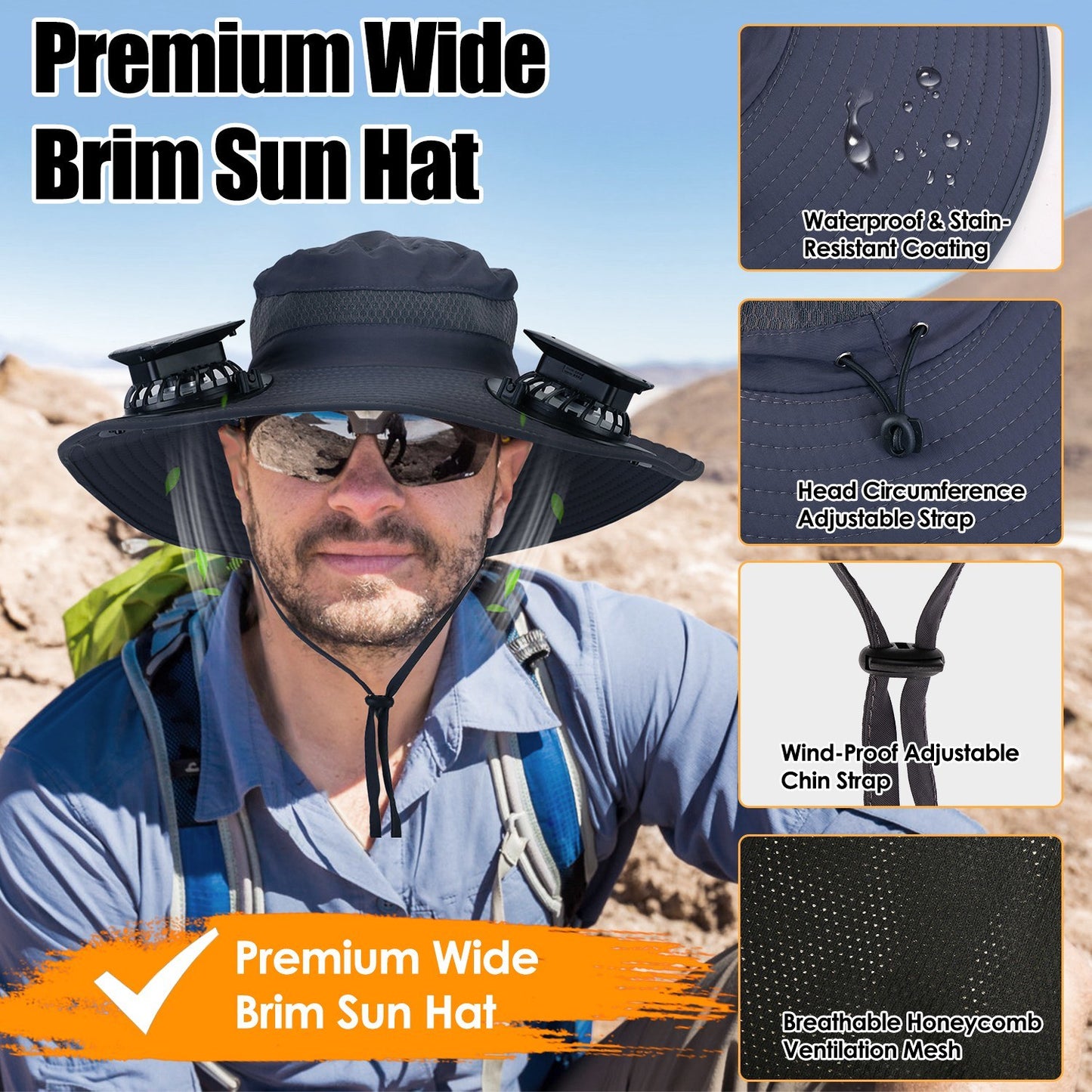 Outdoor Wide Brim Sun Hat With 2 Rechargeable Fans - Solar Powered