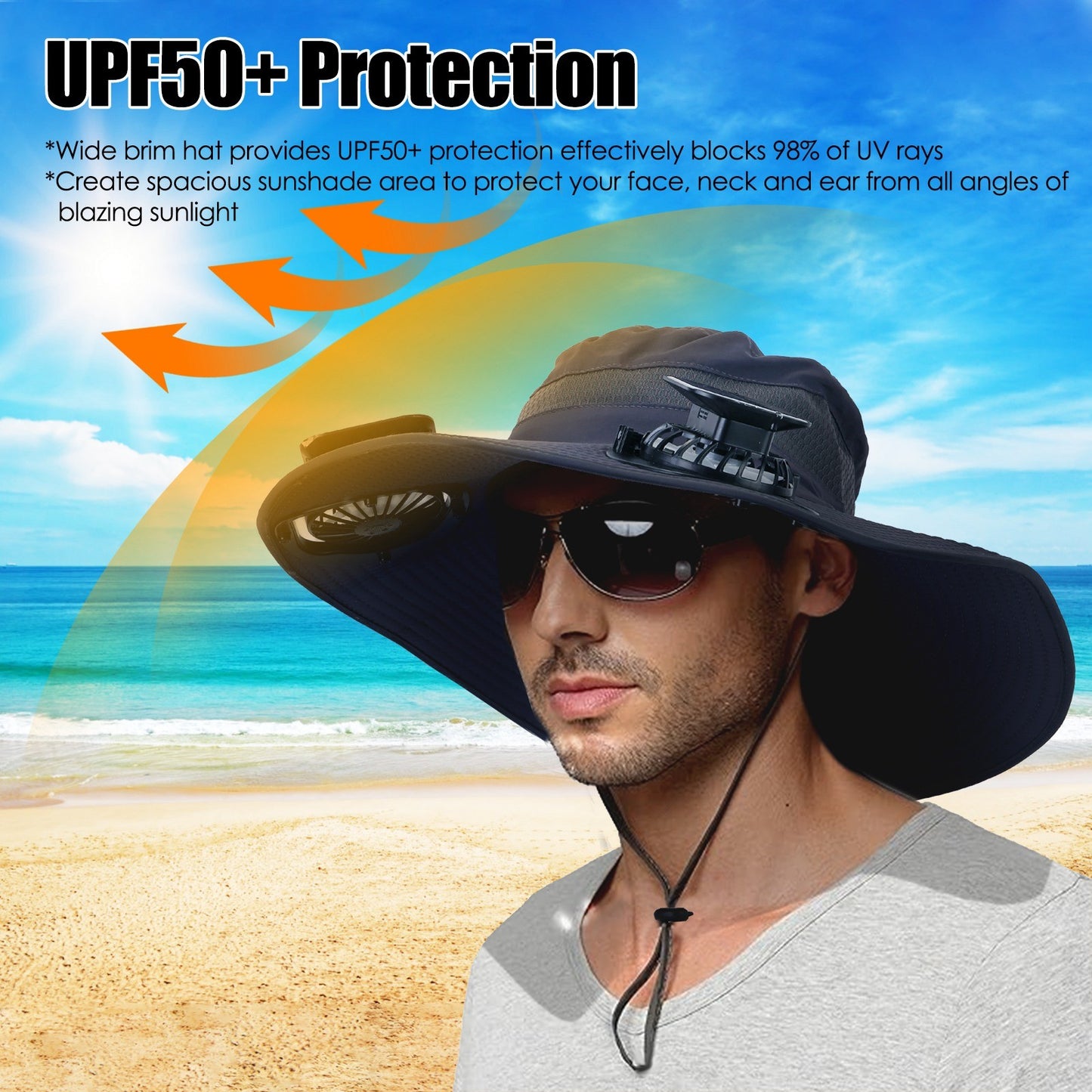 Outdoor Wide Brim Sun Hat With 2 Rechargeable Fans - Solar Powered