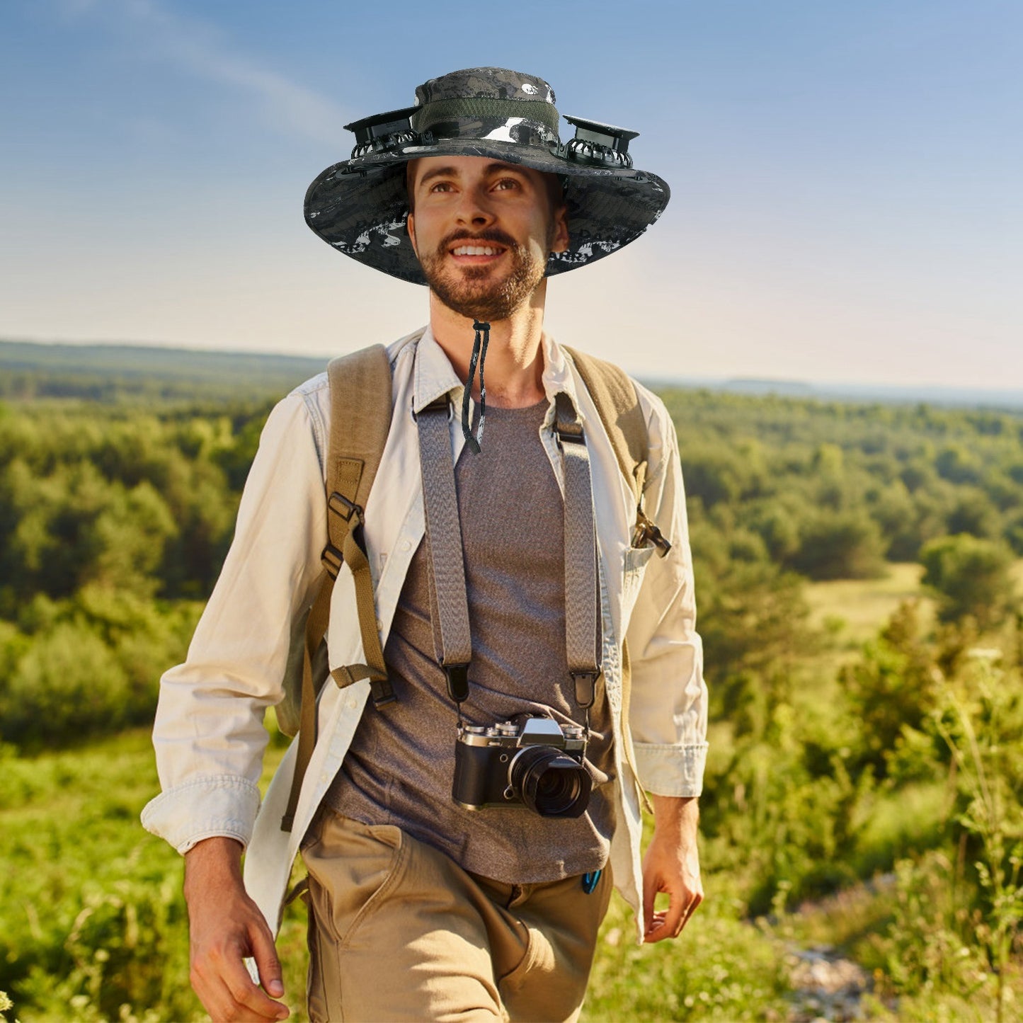 Outdoor Wide Brim Sun Hat With 2 Rechargeable Fans - Solar Powered