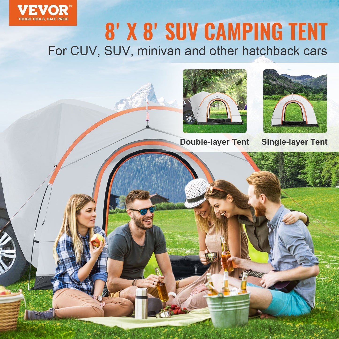 SUV Camping Tent, 8'-8' SUV Tent Attachment for Camping with Rain Layer and Carry Bag