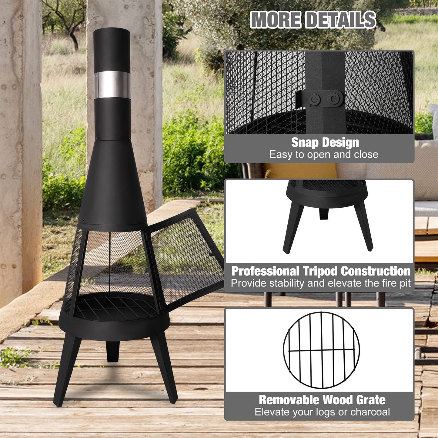 47.6" Tall Outdoor Patio Fireplace, Black