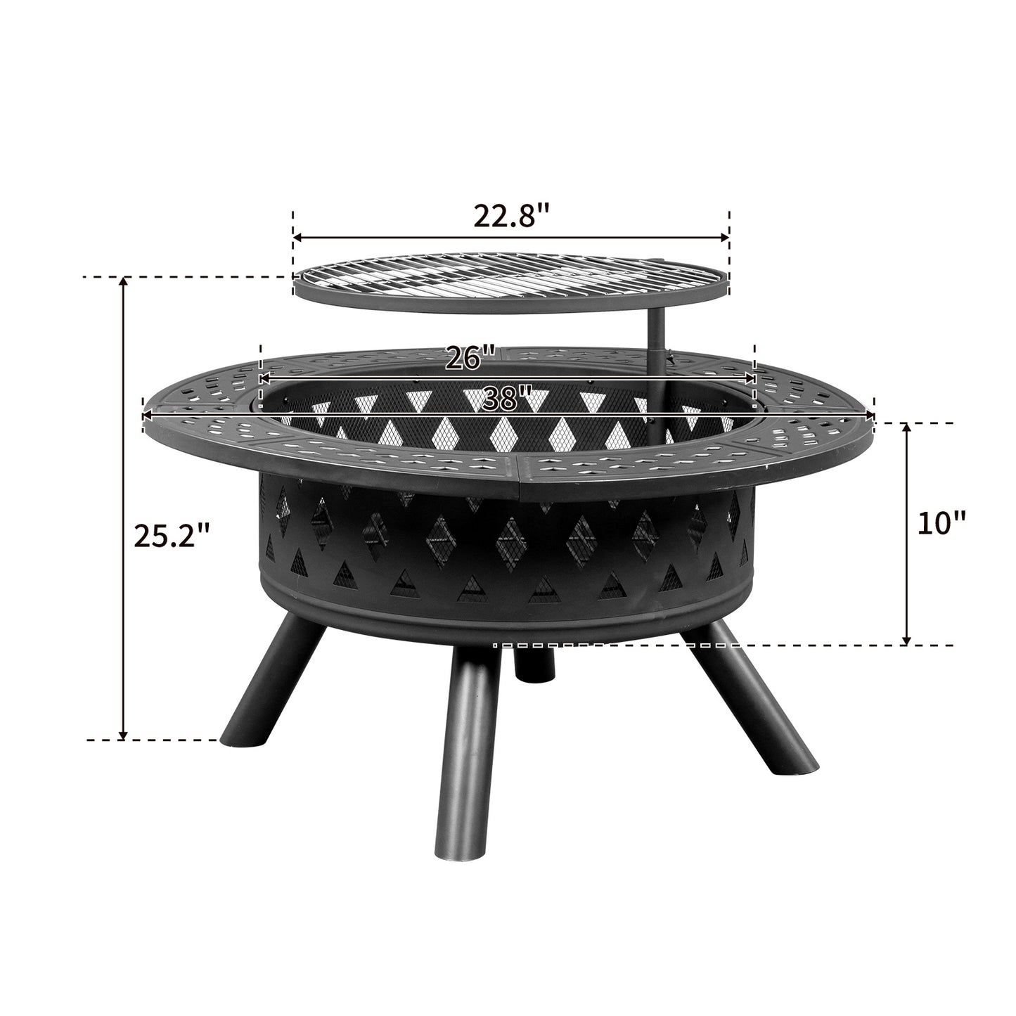 38in Metal Fire Pit with Cooking Grates- Black