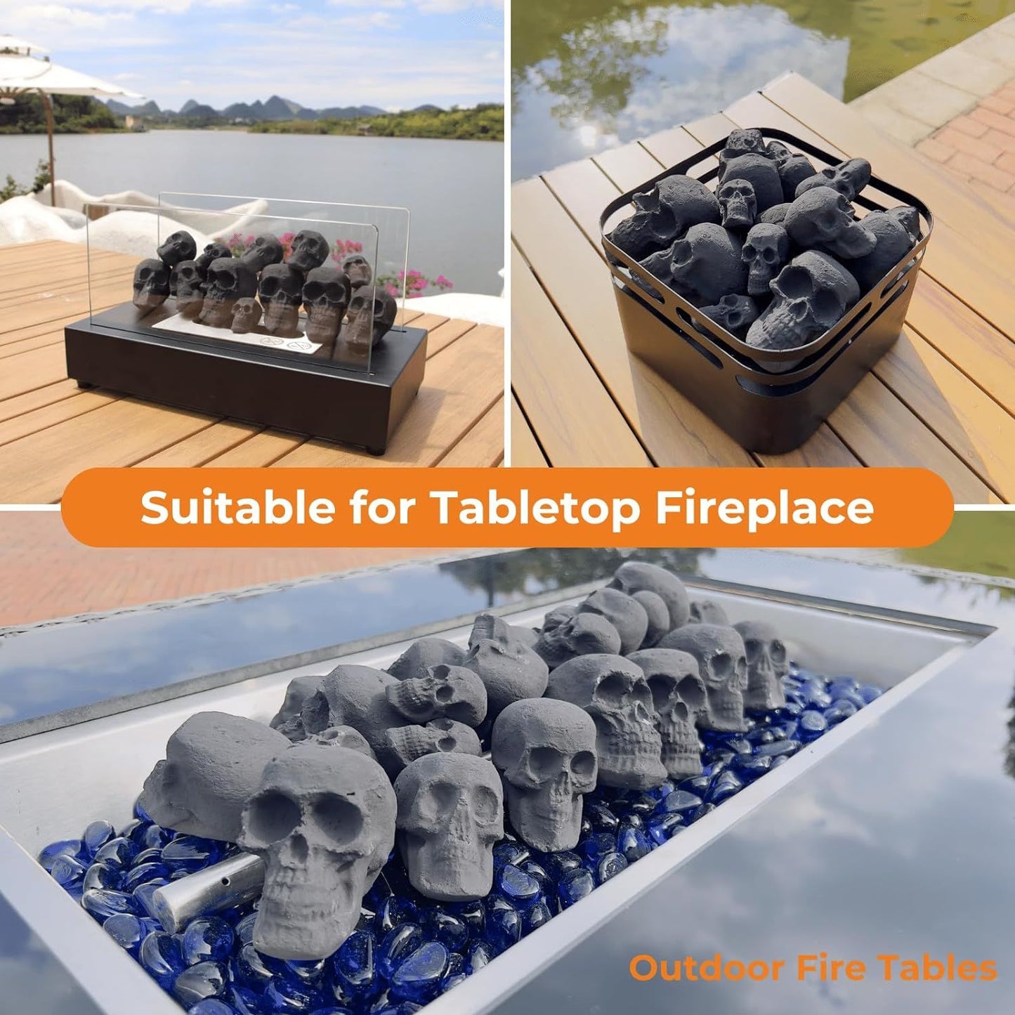 Ceramic Skulls for Fire Pit, Outdoor Fire Tables, 7pcs Reusable Spooky Imitated Human Skull