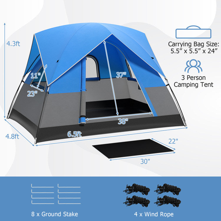 3 Person Outdoor Camping Tent with Removable Floor Mat for Camping