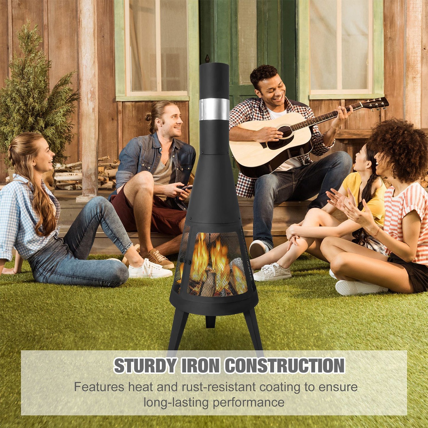 47.6" Tall Outdoor Patio Fireplace, Black