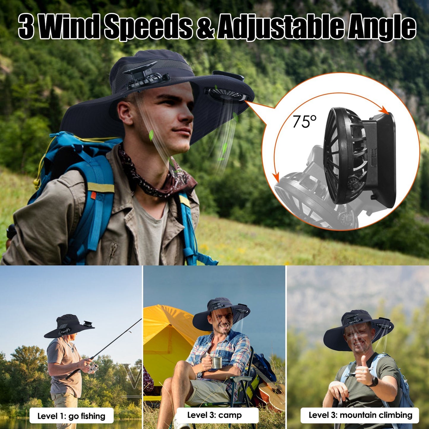 Outdoor Wide Brim Sun Hat With 2 Rechargeable Fans - Solar Powered