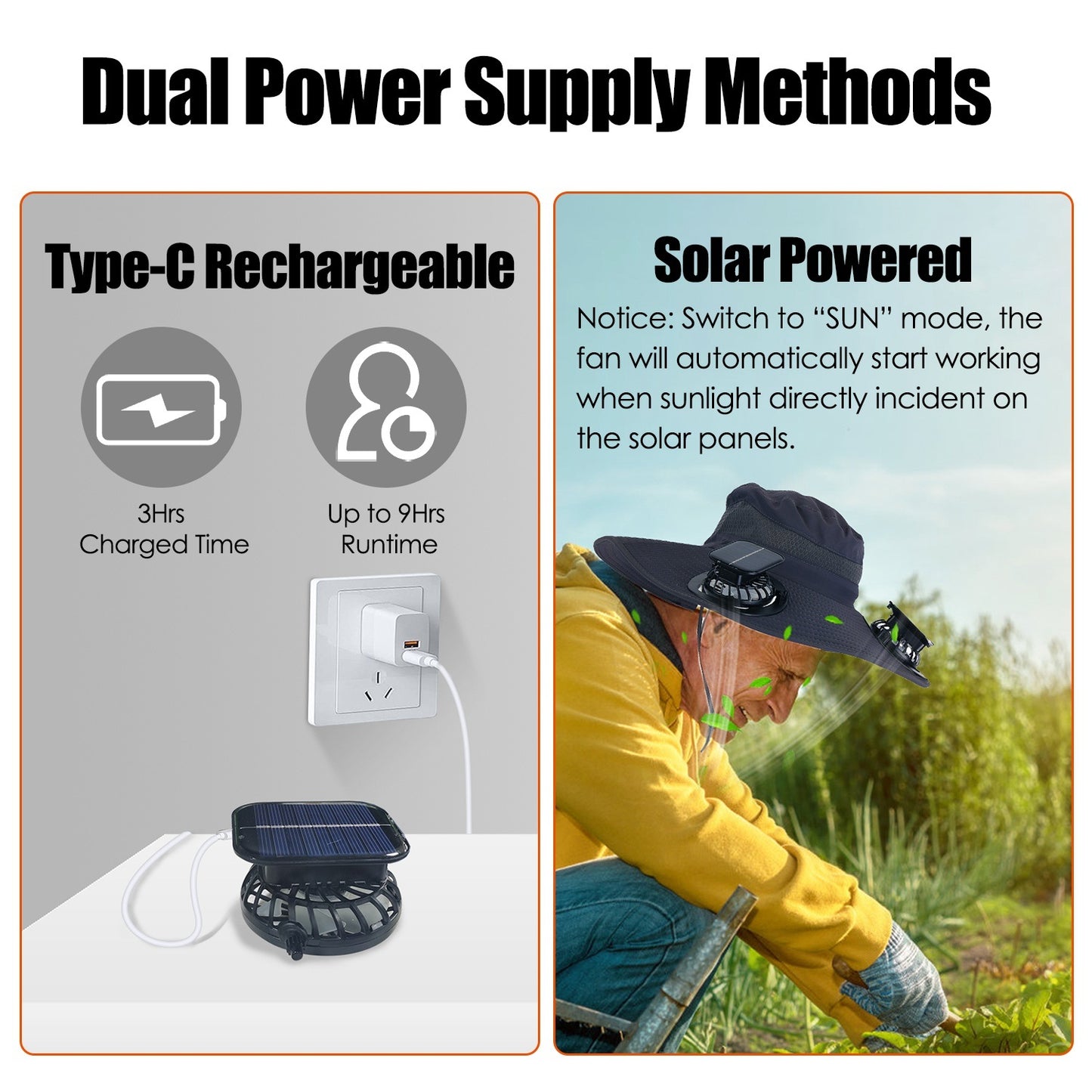 Outdoor Wide Brim Sun Hat With 2 Rechargeable Fans - Solar Powered