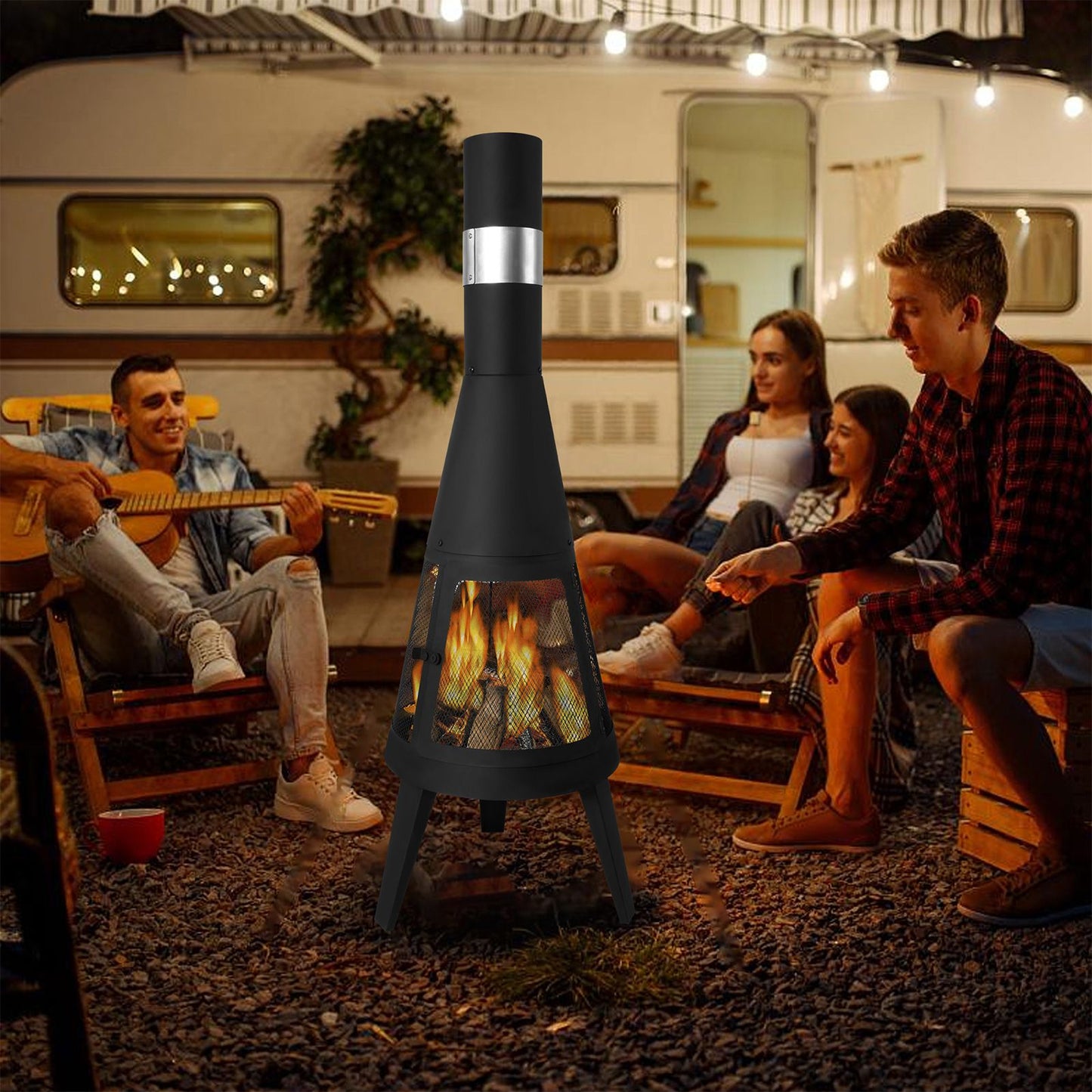 47.6" Tall Outdoor Patio Fireplace, Black