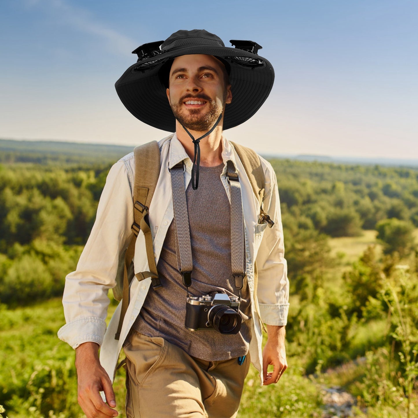 Outdoor Wide Brim Sun Hat With 2 Rechargeable Fans - Solar Powered