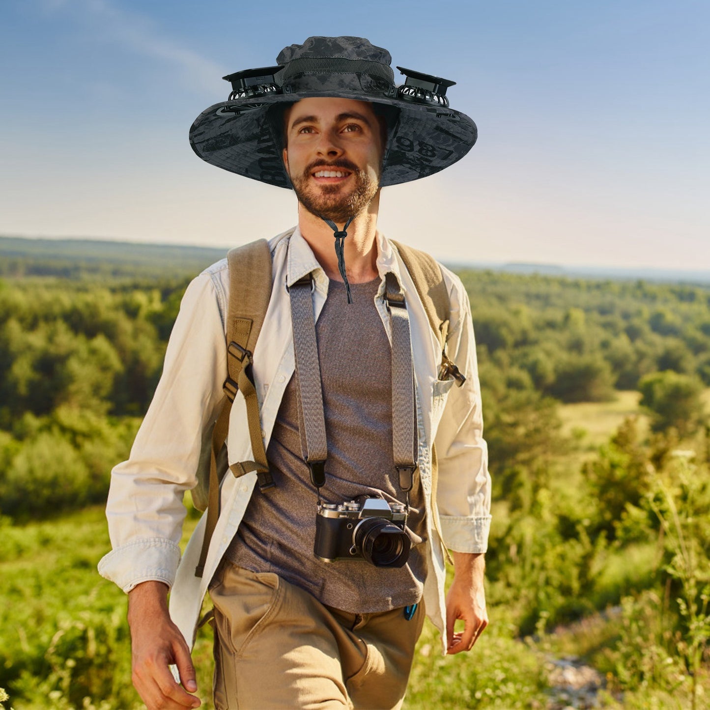 Outdoor Wide Brim Sun Hat With 2 Rechargeable Fans - Solar Powered