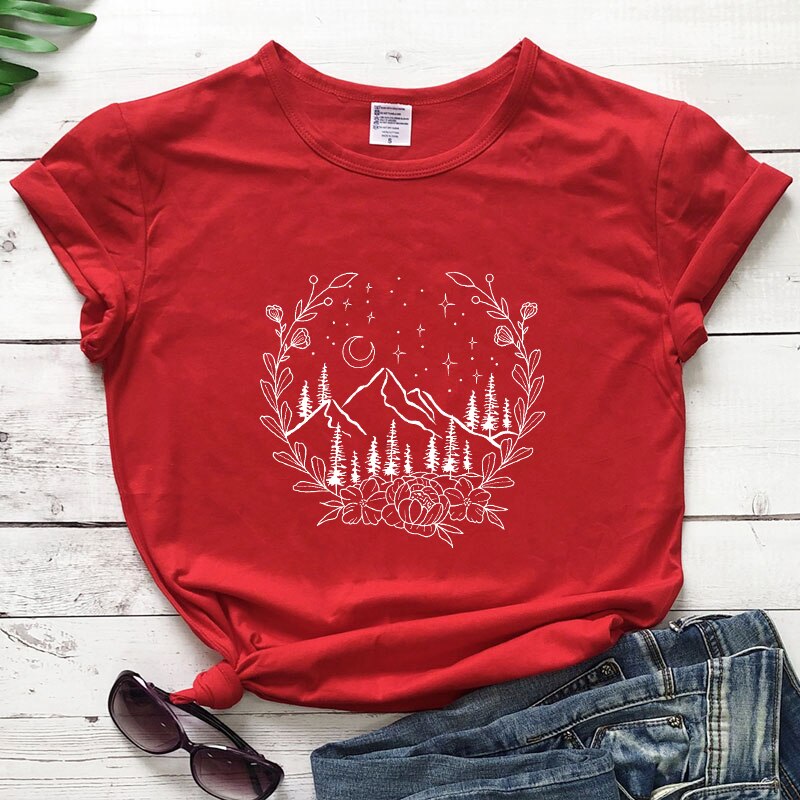 Aesthetic Floral Mountains Nature T-Shirt - DragonHearth