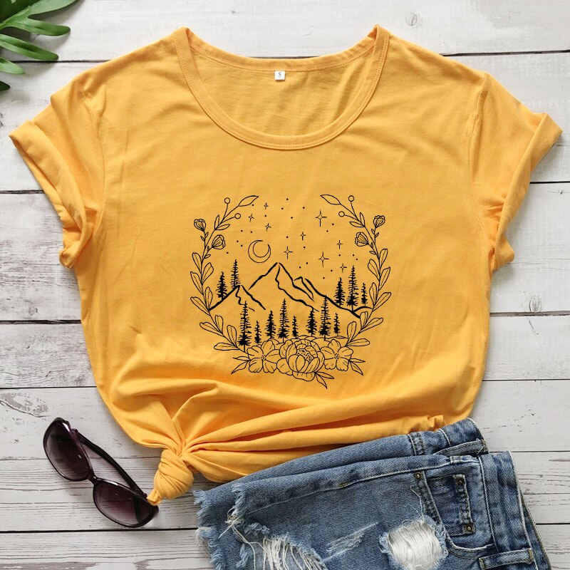 Aesthetic Floral Mountains Nature T-Shirt - DragonHearth