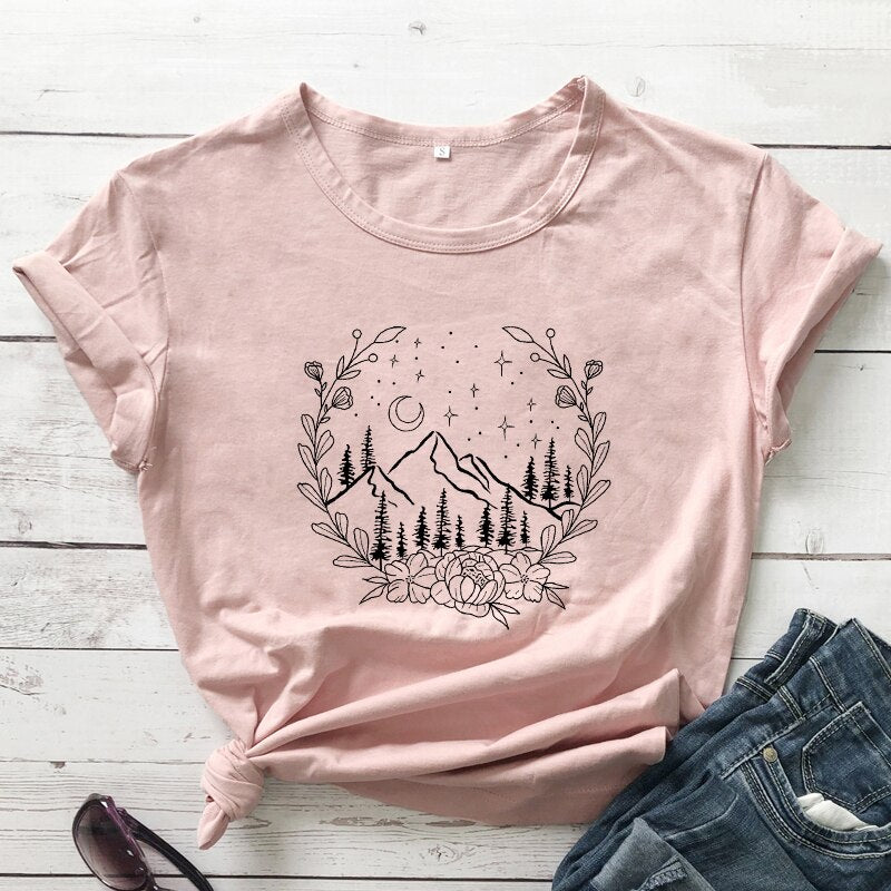 Aesthetic Floral Mountains Nature T-Shirt - DragonHearth