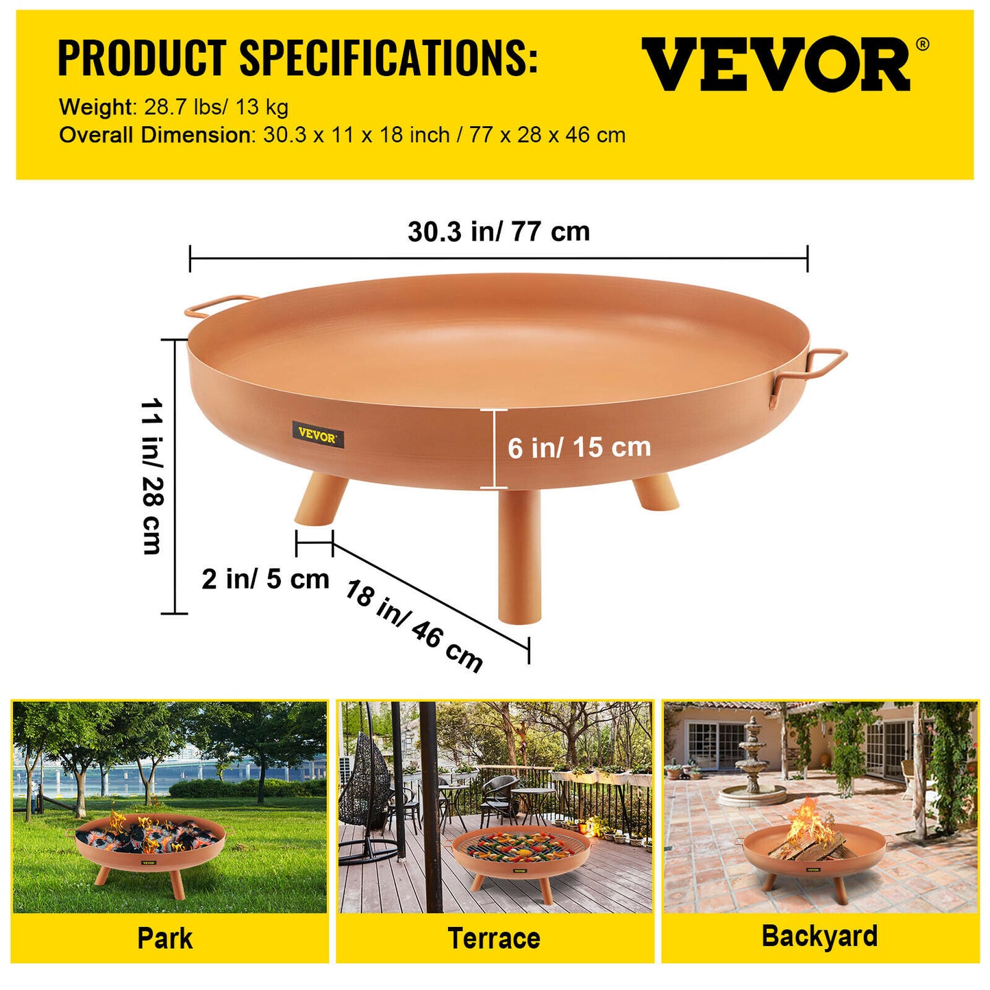VEVOR Fire Pit Bowl BBQ Stove 22'' 28'' 30'' Carbon Steel / Cast Iron for Keeping Warm, Outdoor Patios Terrace Backyard Barbecue - DragonHearth