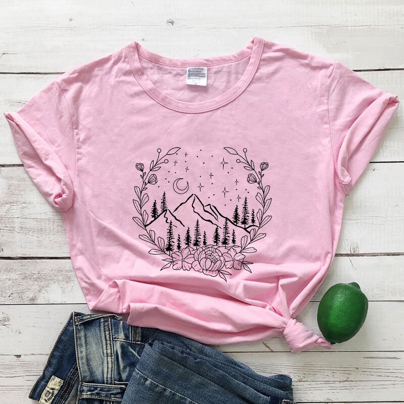 Aesthetic Floral Mountains Nature T-Shirt - DragonHearth