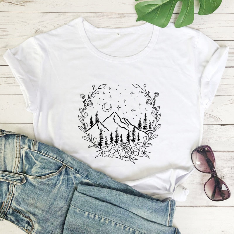 Aesthetic Floral Mountains Nature T-Shirt - DragonHearth