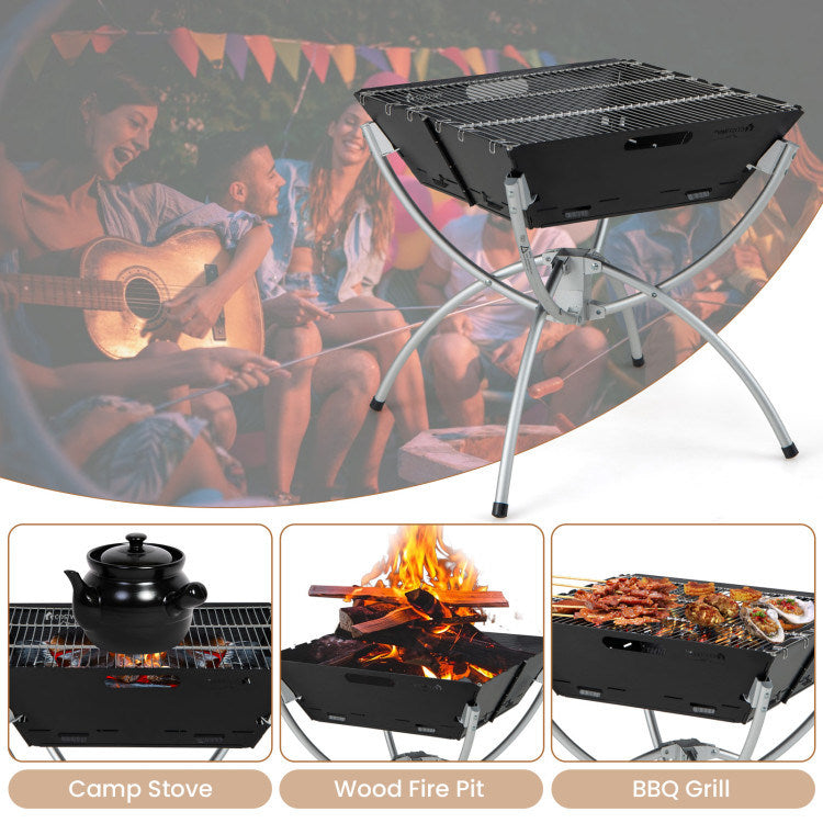 3-in-1 Camping Campfire Grill with Carrying Bag & Gloves