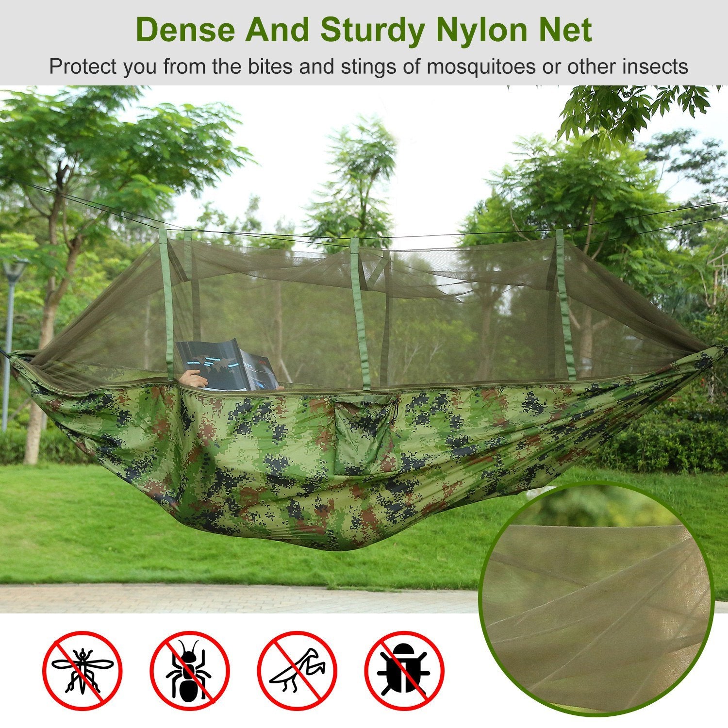 600lbs Load 2 Persons Hammock with Mosquito Net Outdoor Hiking Camping Portable Nylon Swing Hanging Bed - DragonHearth