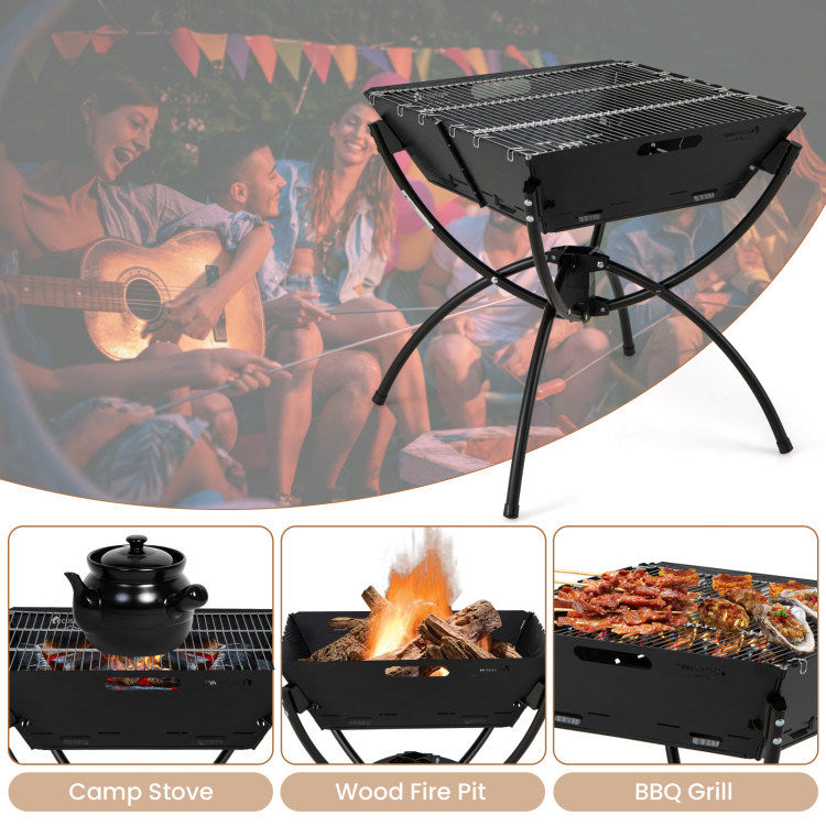 3-in-1 Camping Campfire Grill with Carrying Bag & Gloves