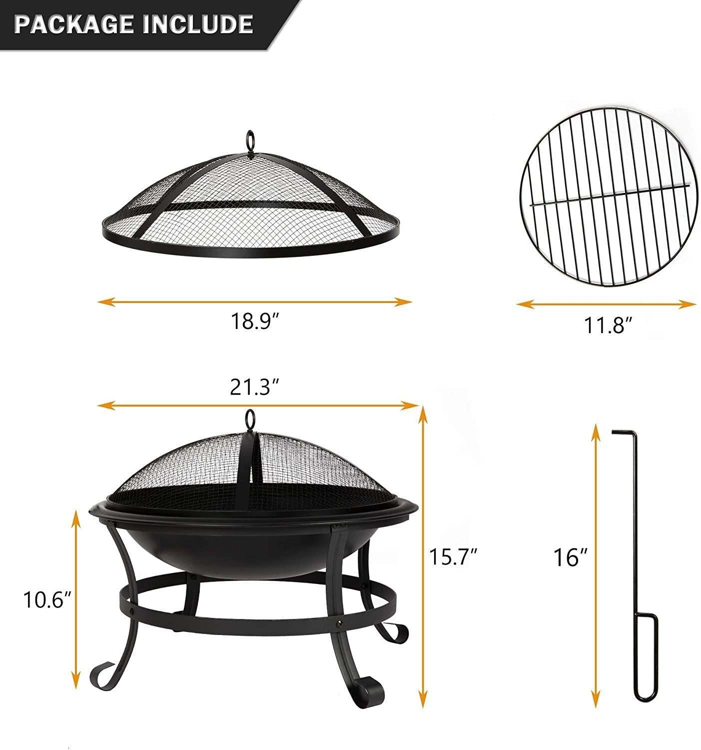 Bosonshop 22'' Outdoor Wood Burning BBQ Grill Firepit Bowl w/Spark Round Mesh Spark Screen Cover Fire Poker Patio Steel Fire Pit Bonfire for Backyard Camping - DragonHearth