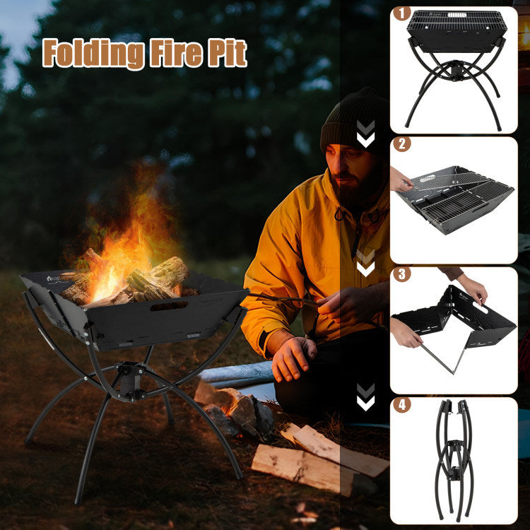 3-in-1 Camping Campfire Grill with Carrying Bag & Gloves