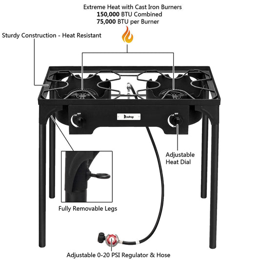 Outdoor Camp Stove High Pressure Propane Gas Cooker Portable Cast Iron Patio Cooking Burner (Double Burner 150000-BTU) - DragonHearth