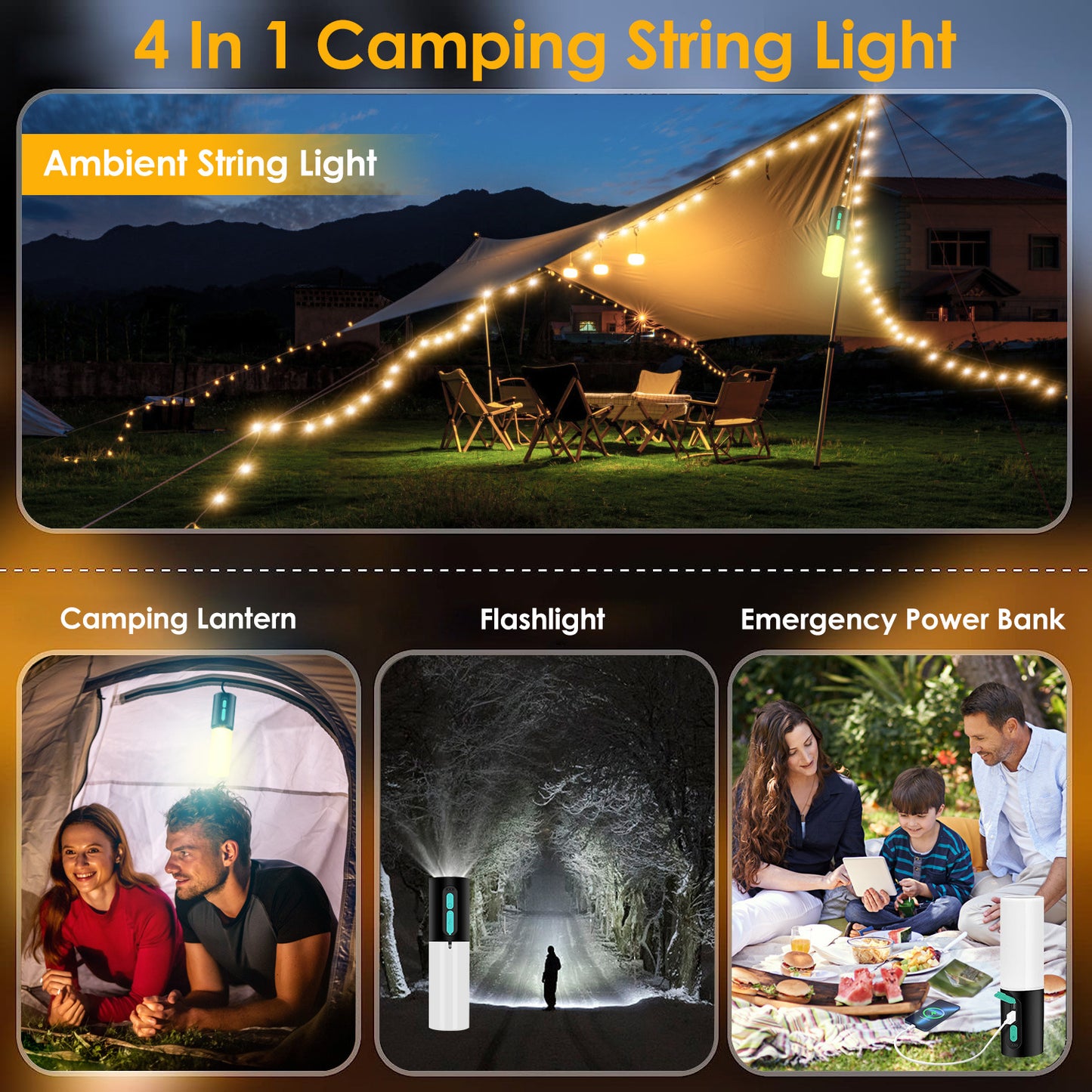 4 In 1 Rechargeable Camping String Light - DragonHearth