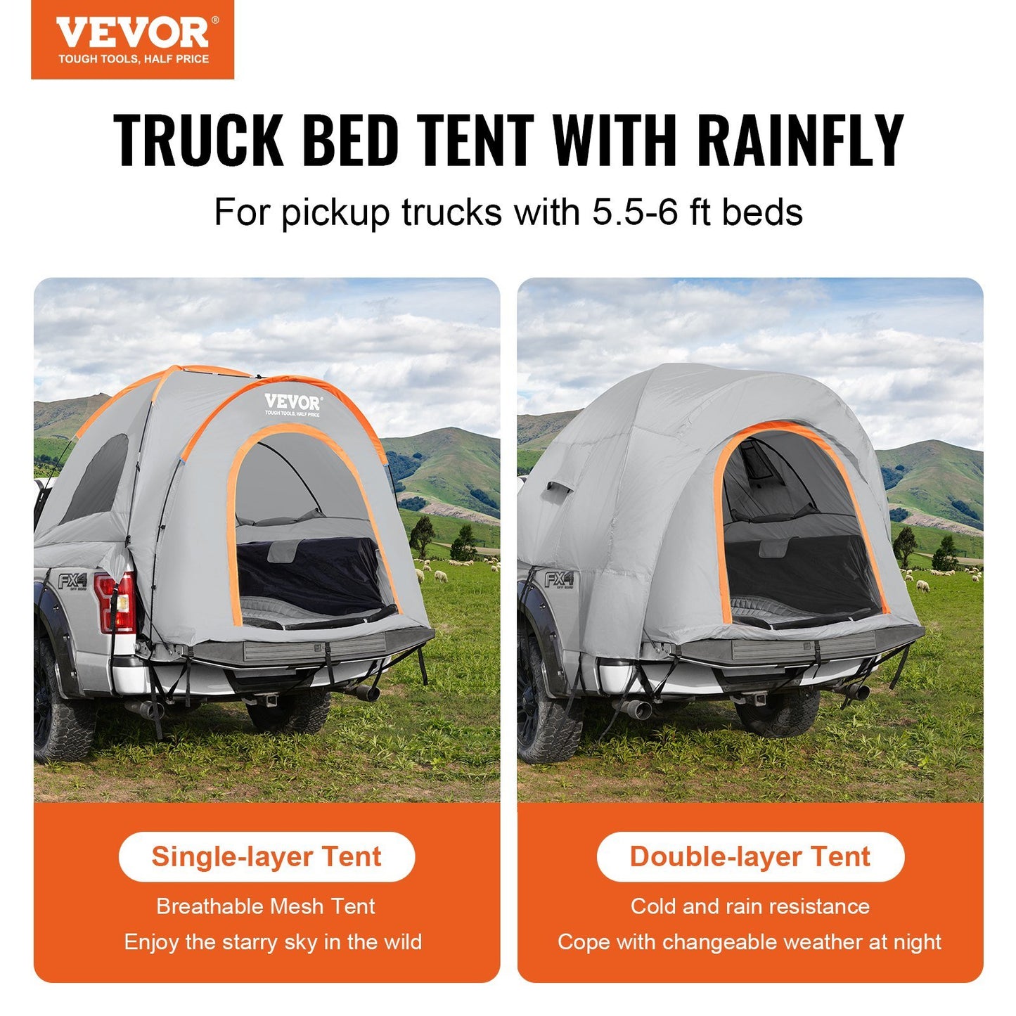 VEVOR Truck Bed Tent, 5.5'-6' Pickup Truck Tent with Rain Layer and Carry Bag, Waterproof PU2000mm Double Layer
