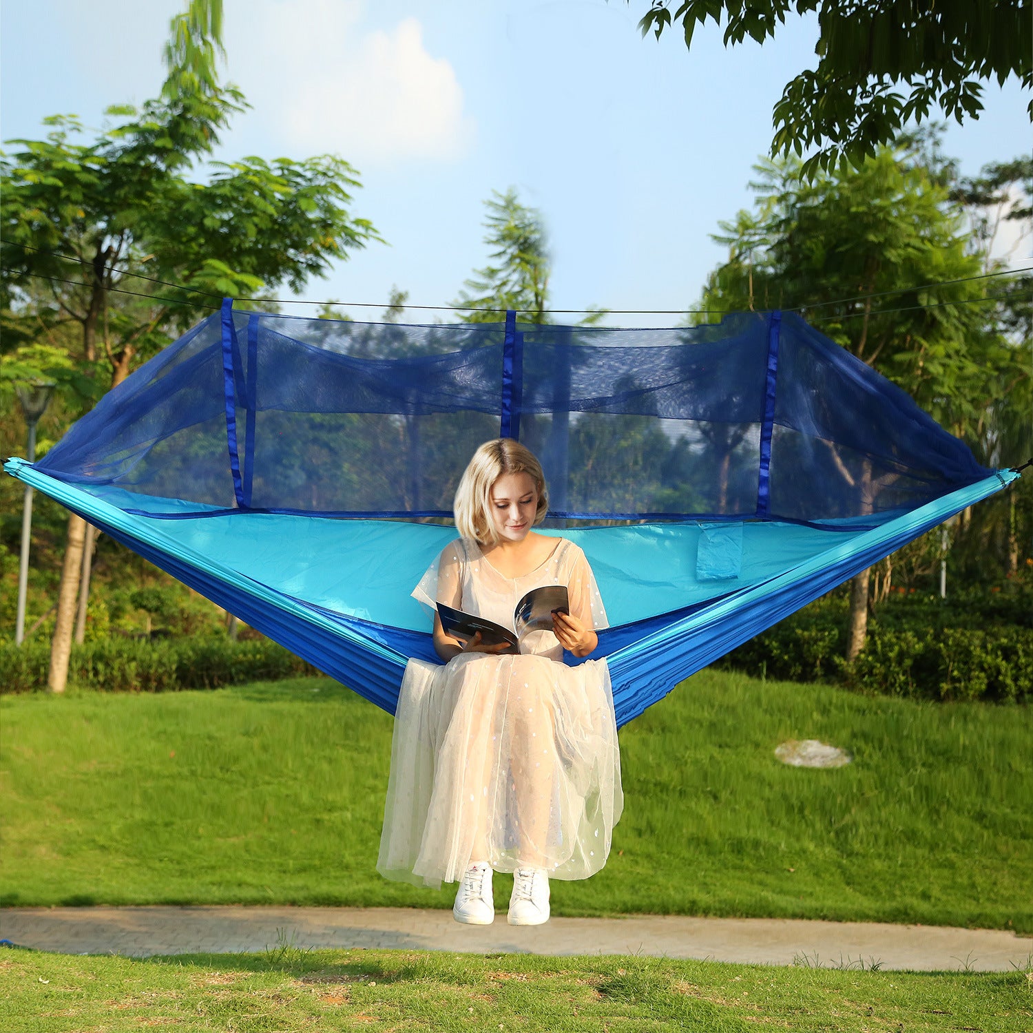 600lbs Load 2 Persons Hammock with Mosquito Net Outdoor Hiking Camping Portable Nylon Swing Hanging Bed - DragonHearth