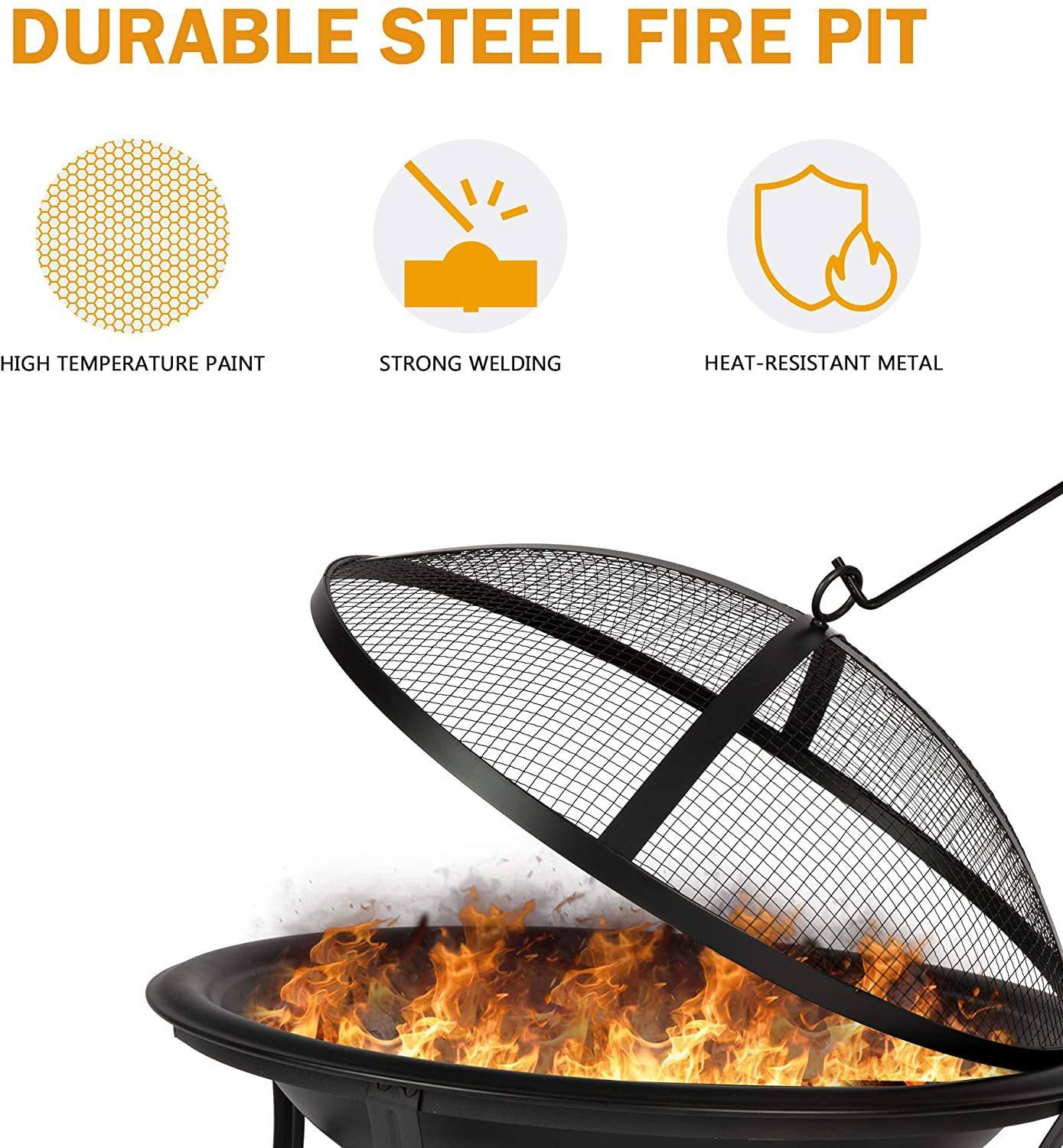 Bosonshop 22'' Outdoor Wood Burning BBQ Grill Firepit Bowl w/Spark Round Mesh Spark Screen Cover Fire Poker Patio Steel Fire Pit Bonfire for Backyard Camping - DragonHearth