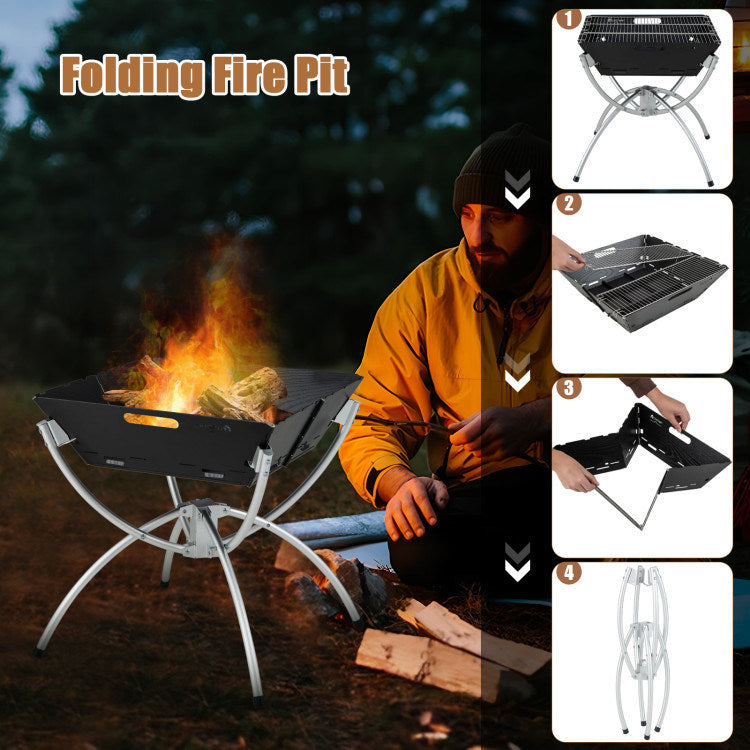 3-in-1 Camping Campfire Grill with Carrying Bag & Gloves