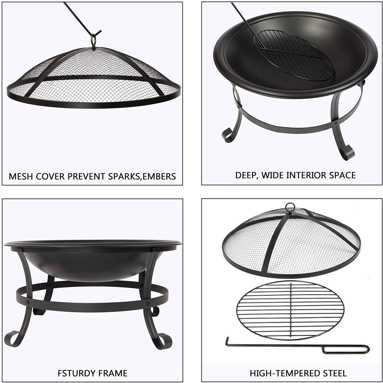 Bosonshop 22'' Outdoor Wood Burning BBQ Grill Firepit Bowl w/Spark Round Mesh Spark Screen Cover Fire Poker Patio Steel Fire Pit Bonfire for Backyard Camping - DragonHearth