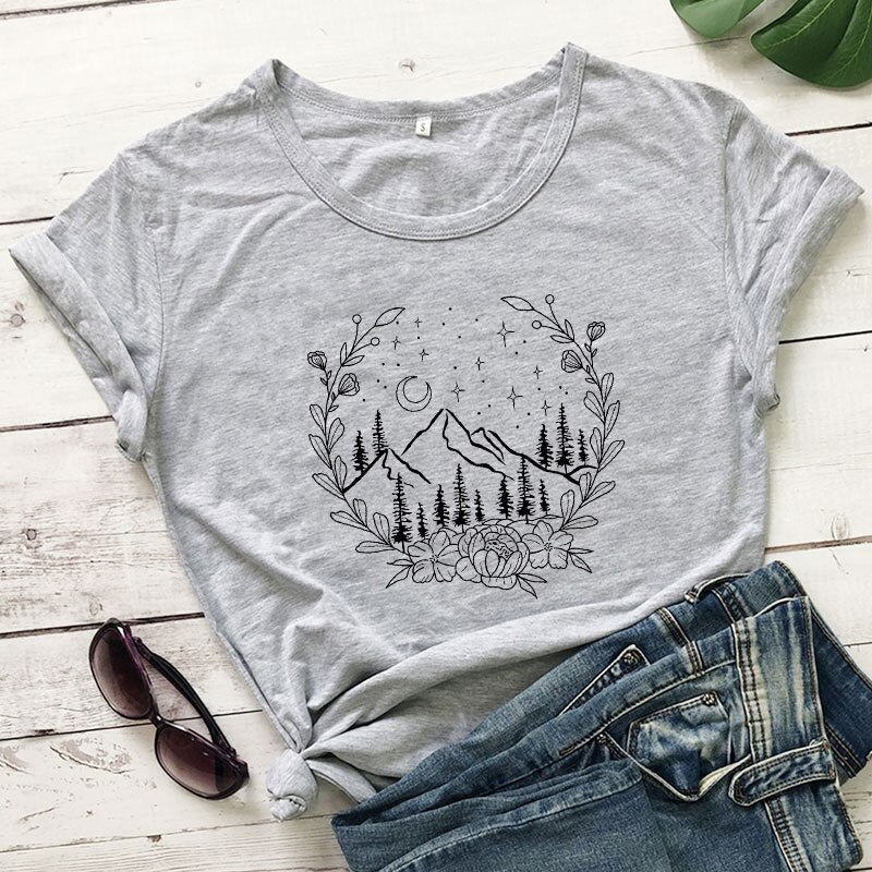 Aesthetic Floral Mountains Nature T-Shirt - DragonHearth